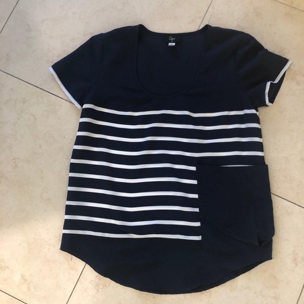 Navy & White Striped Short Sleeve Blouse Sz XS